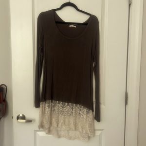 Long Sleeve Army Green shirt with Beige Lace flowing across the bottom